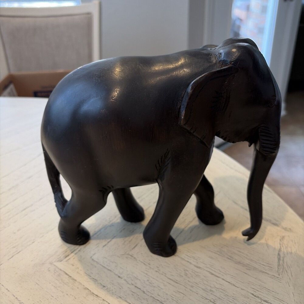 VTG Elephant Statue Hand Carved DARK SOLID Wood 8” Tall x 10” Wide (No Tusks)